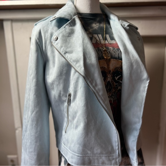 Outer Edge Ice Blue Faux Suede Edgy Moto Jacket Sz XL - Picture 7 of 14